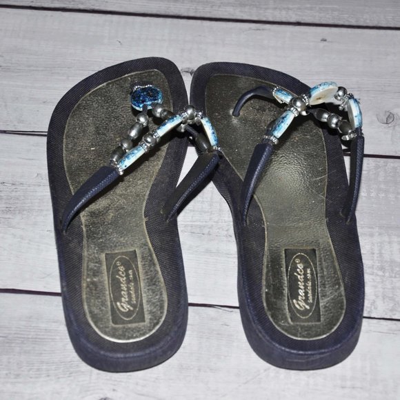 Grandco Sandals Thong Flip Flops With Sapphire Blue Shimmery Beads - Picture 3 of 9